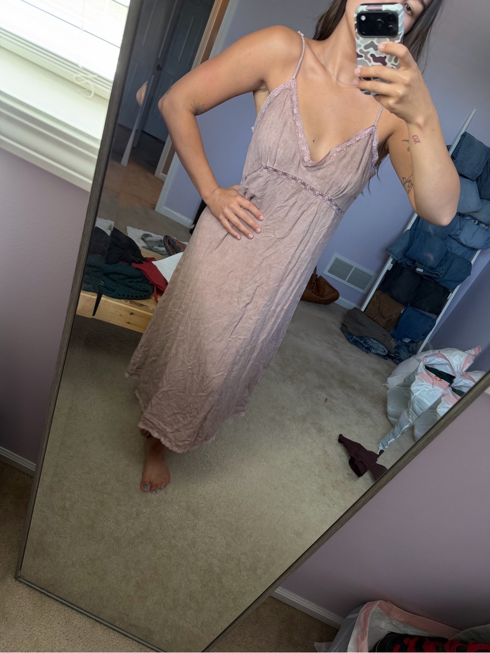 Blush Mauve Slip Dress with Lace Trim